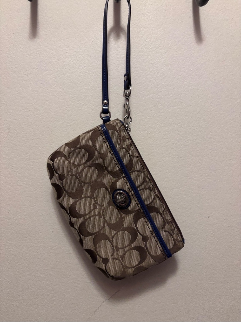 Coach Khaki Signature Canvas Wristlet with Blue Trim